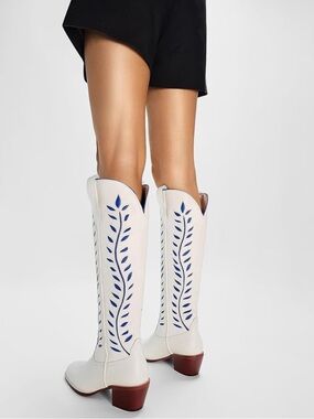 Women’s White Over-the-Knee Western Boots with Blue Cutout Detail